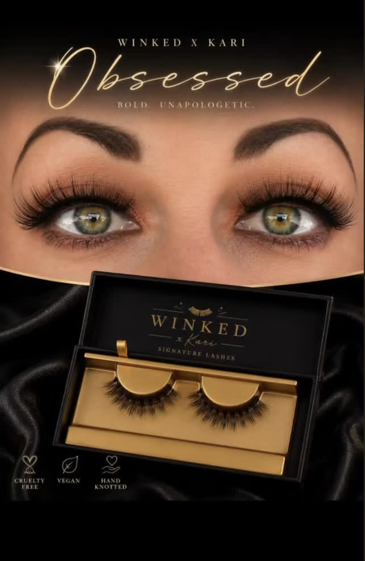 Obsessed by Winked x Kari — bold, unapologetic strip lashes in the signature black and gold box